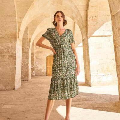 Arias Closet Yaprak Desenli Kısa Kollu Elbise