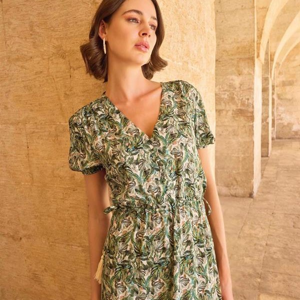 Arias Closet Yaprak Desenli Kısa Kollu Elbise