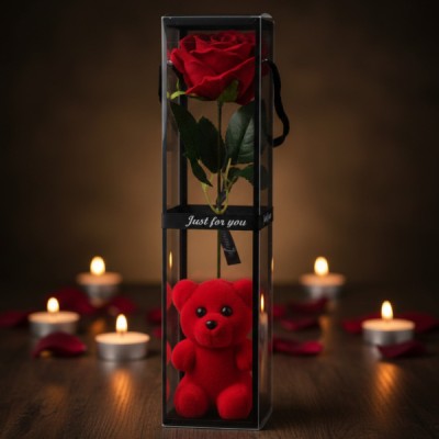 Ayıcıklı Şeffaf Kutulu Tekli Gül 