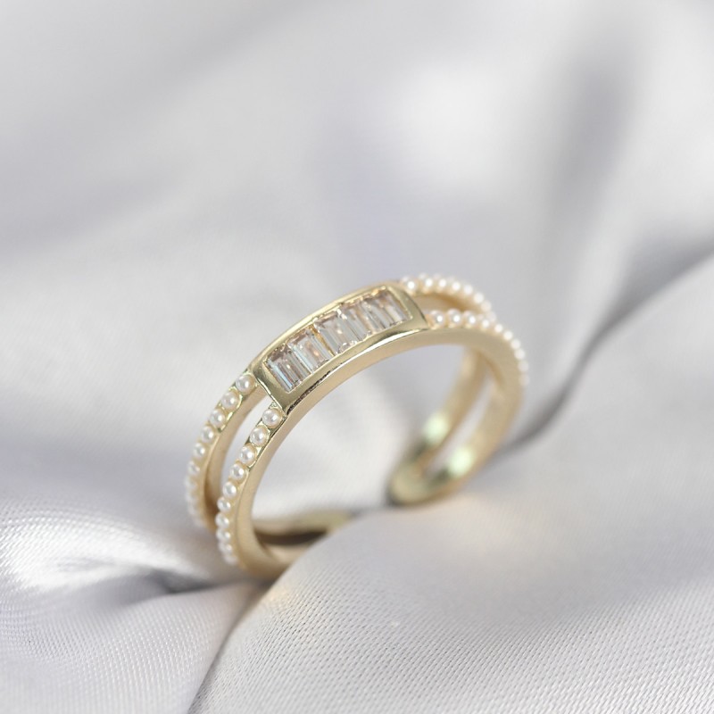 Baget Zirkon Taşlı Gold Renk İncili Kadın Yüzük