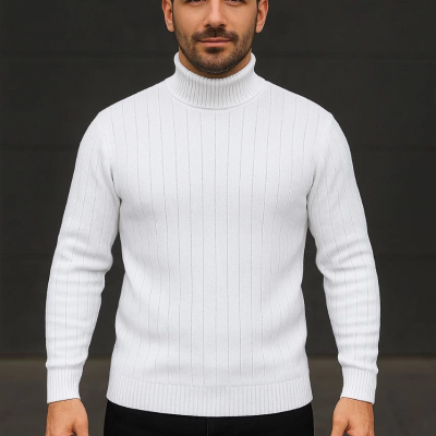 Balıkcı Yaka Bağazlı Triko Kazak Pamuklu- Beyaz