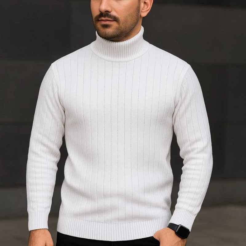 Balıkcı Yaka Bağazlı Triko Kazak Pamuklu- Beyaz