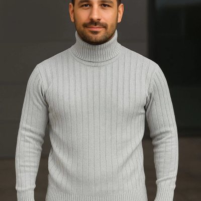 Balıkcı Yaka Bağazlı Triko Kazak Pamuklu Kalın Fitilli Dokuma, - Gri