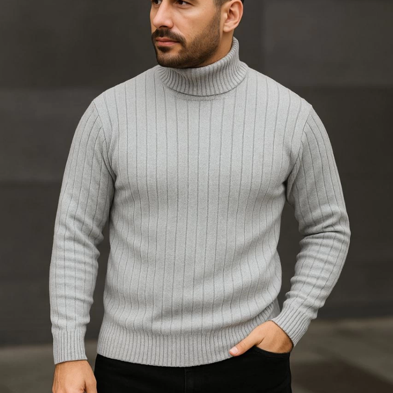 Balıkcı Yaka Bağazlı Triko Kazak Pamuklu Kalın Fitilli Dokuma, - Gri