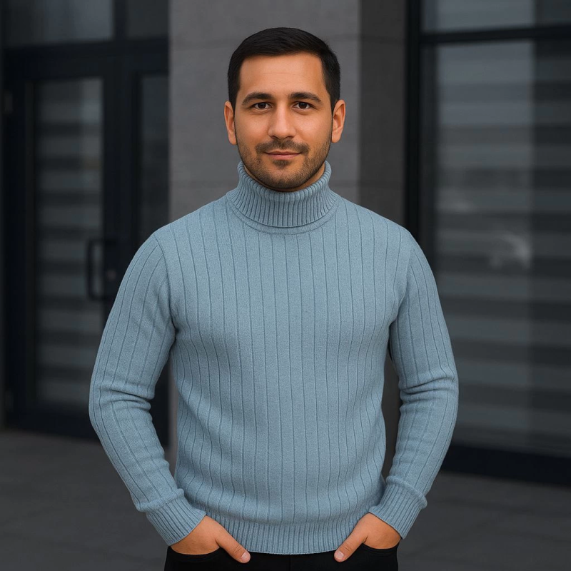 Balıkcı Yaka Bağazlı Triko Kazak Pamuklu Kalın Fitilli Dokuma, Regular - Bebe Mavisi