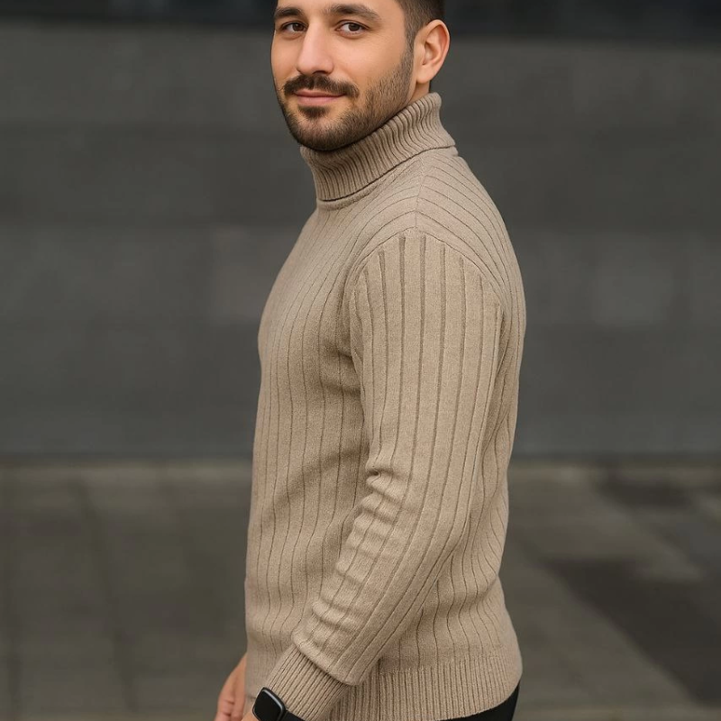 Balıkcı Yaka Bağazlı Triko Kazak Pamuklu Kalın Fitilli Dokuma, Regular - Bej