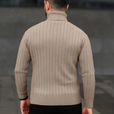 Balıkcı Yaka Bağazlı Triko Kazak Pamuklu Kalın Fitilli Dokuma, Regular - Bej