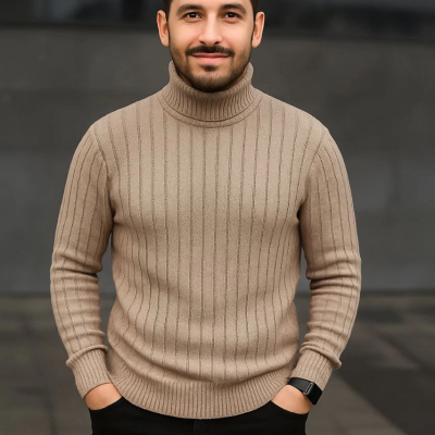 Balıkcı Yaka Bağazlı Triko Kazak Pamuklu Kalın Fitilli Dokuma, Regular - Bej