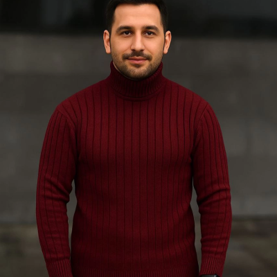 Balıkcı Yaka Bağazlı Triko Kazak Pamuklu Kalın Fitilli Dokuma, Regular - Bordo