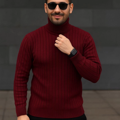 Balıkcı Yaka Bağazlı Triko Kazak Pamuklu Kalın Fitilli Dokuma, Regular - Bordo