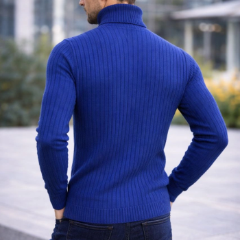 Balıkcı Yaka Bağazlı Triko Kazak Pamuklu Kalın Fitilli Dokuma, Regular Fit Uzun Kollu Kışlık Model - İndigo