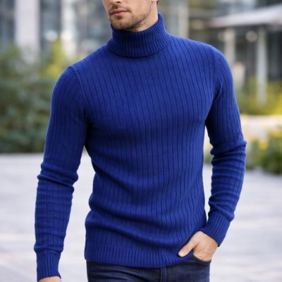 Balıkcı Yaka Bağazlı Triko Kazak Pamuklu Kalın Fitilli Dokuma, Regular Fit Uzun Kollu Kışlık Model - İndigo