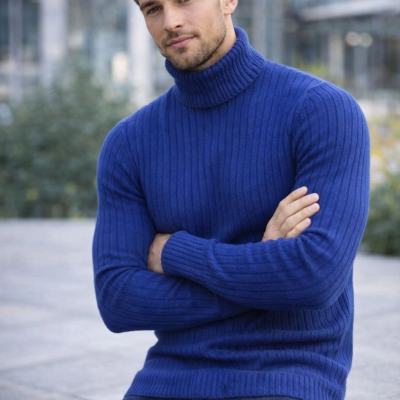 Balıkcı Yaka Bağazlı Triko Kazak Pamuklu Kalın Fitilli Dokuma, Regular Fit Uzun Kollu Kışlık Model - İndigo