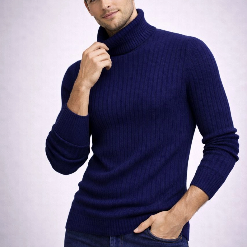 Balıkcı Yaka Bağazlı Triko Kazak Pamuklu Kalın Fitilli Dokuma, Regular Fit Uzun Kollu Kışlık Model - Lacivert