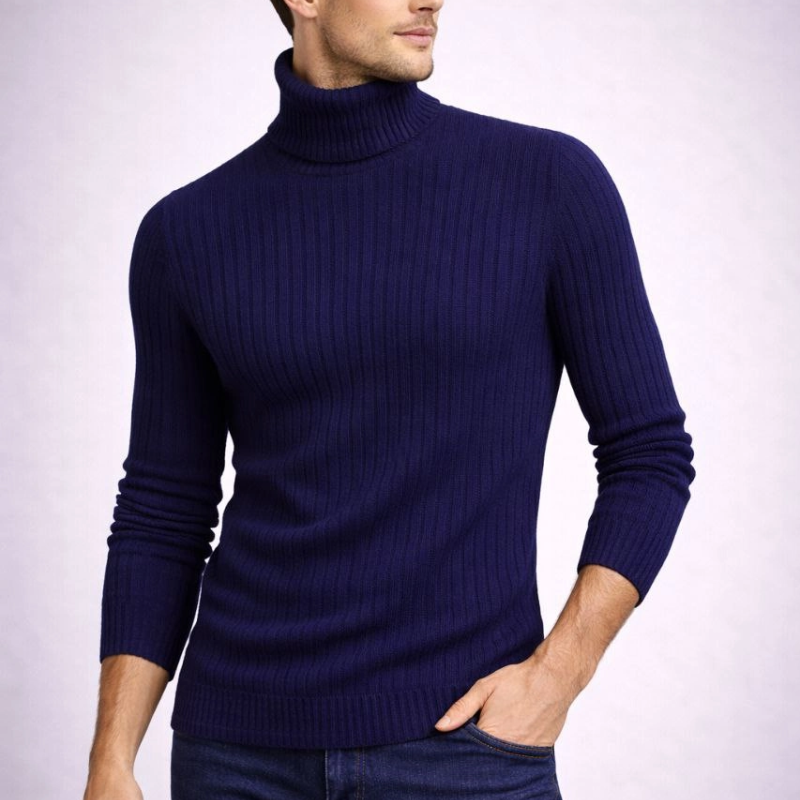 Balıkcı Yaka Bağazlı Triko Kazak Pamuklu Kalın Fitilli Dokuma, Regular Fit Uzun Kollu Kışlık Model - Lacivert