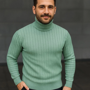 Balıkcı Yaka Bağazlı Triko Kazak Pamuklu Kalın Fitilli Dokuma, Regular Fit Uzun Kollu Kışlık Model - Mint Yeşili