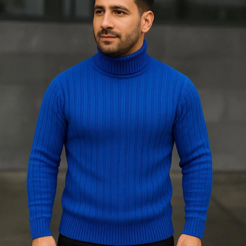 Balıkcı Yaka Bağazlı Triko Kazak Pamuklu Kalın Fitilli Dokuma, Regular Fit Uzun Kollu Kışlık Model - Saks Mavisi