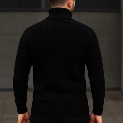 Balıkcı Yaka Bağazlı Triko Kazak Pamuklu Kalın Fitilli Dokuma, Regular- Siyah