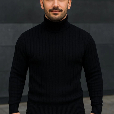 Balıkcı Yaka Bağazlı Triko Kazak Pamuklu Kalın Fitilli Dokuma, Regular- Siyah