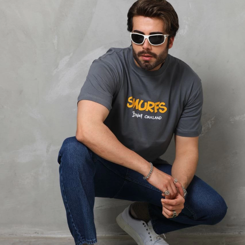 Basic Bisiklet Yaka Oversize T-Shirt - Füme -