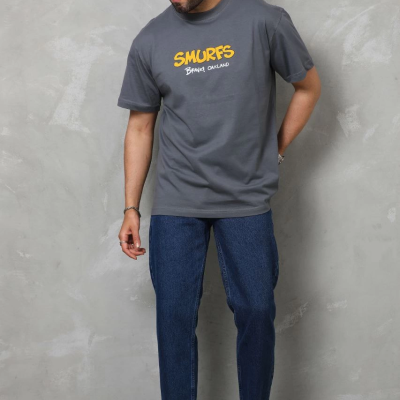 Basic Bisiklet Yaka Oversize T-Shirt - Füme -