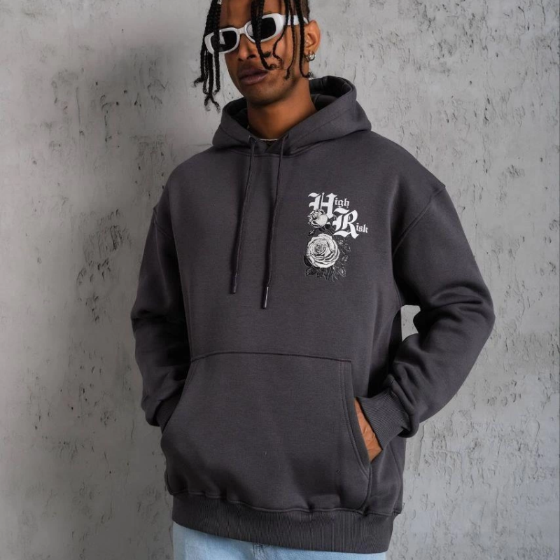 Baskılı Kapşonlu Sweat - Füme