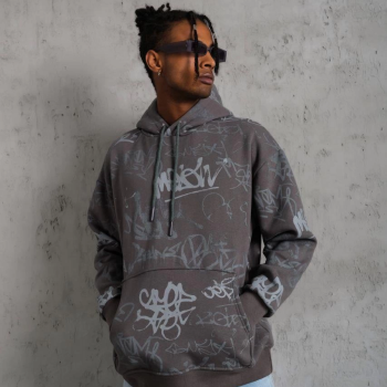 Baskılı Kapüşonlu Ribanalı Sweat - Gri