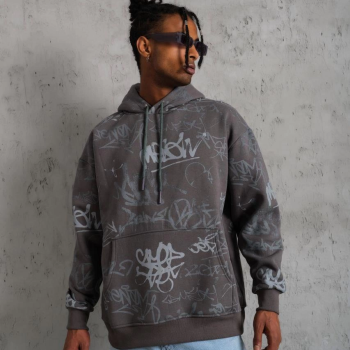 Baskılı Kapüşonlu Ribanalı Sweat - Gri