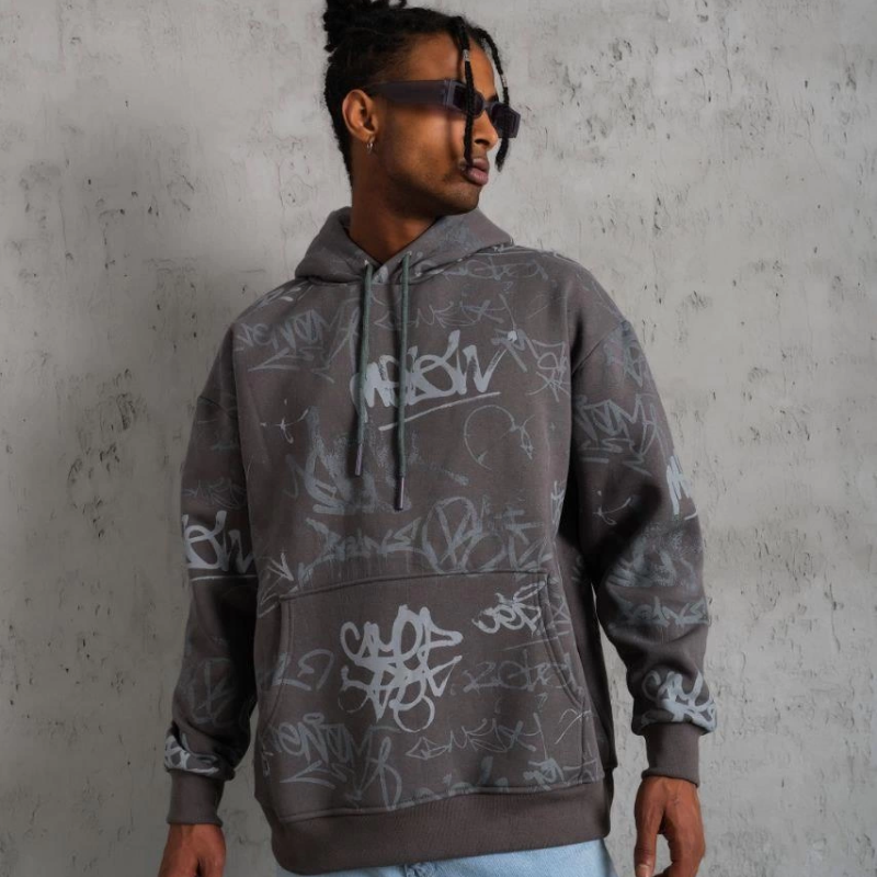 Baskılı Kapüşonlu Ribanalı Sweat - Gri