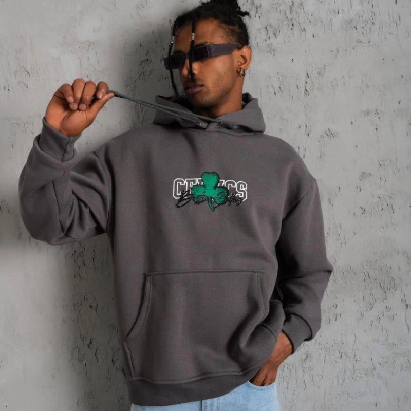 Baskılı Kapüşonlu ve Kordon İpli Sweat - Gri