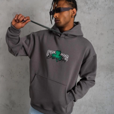 Baskılı Kapüşonlu ve Kordon İpli Sweat - Gri