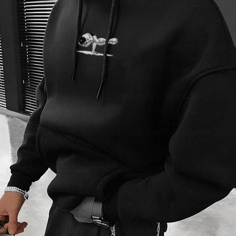 Baskılı Kapüşonlu ve Kordon İpli Sweat - Siyah -