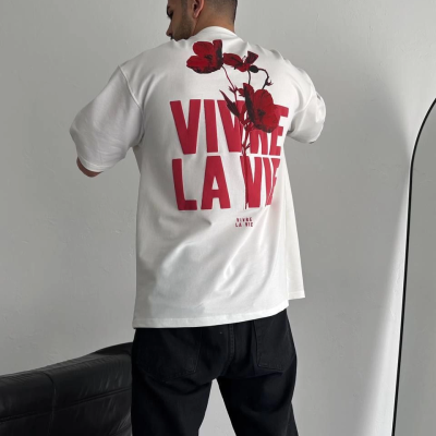 Baskılı Oversize Bisiklet Yaka T-shirt - Beyaz -