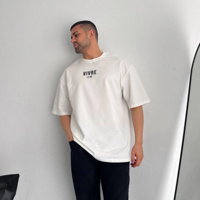 Baskılı Oversize Bisiklet Yaka T-shirt - Beyaz -