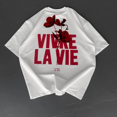 Baskılı Oversize Bisiklet Yaka T-shirt - Beyaz -