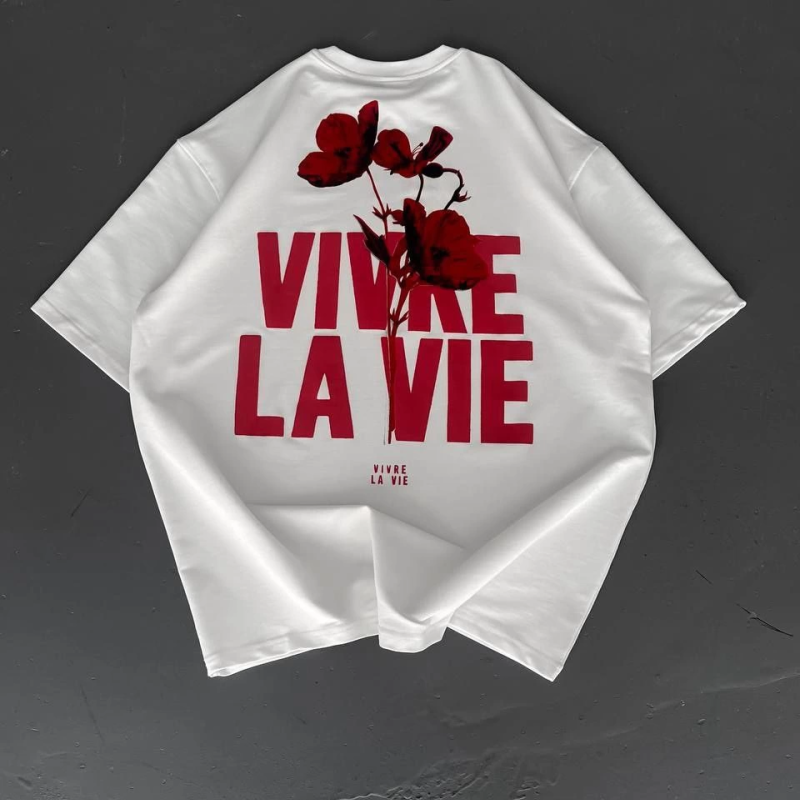 Baskılı Oversize Bisiklet Yaka T-shirt - Beyaz -