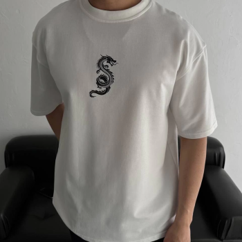 Baskılı Oversize Bisiklet Yaka T-shirt - Beyaz -