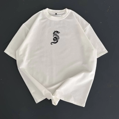 Baskılı Oversize Bisiklet Yaka T-shirt - Beyaz -