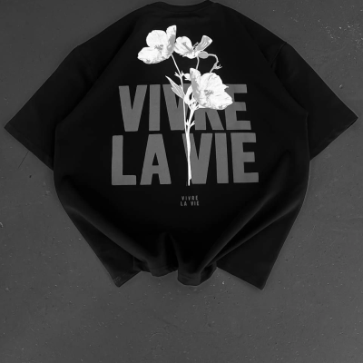 Baskılı Oversize Bisiklet Yaka T-shirt - Siyah -