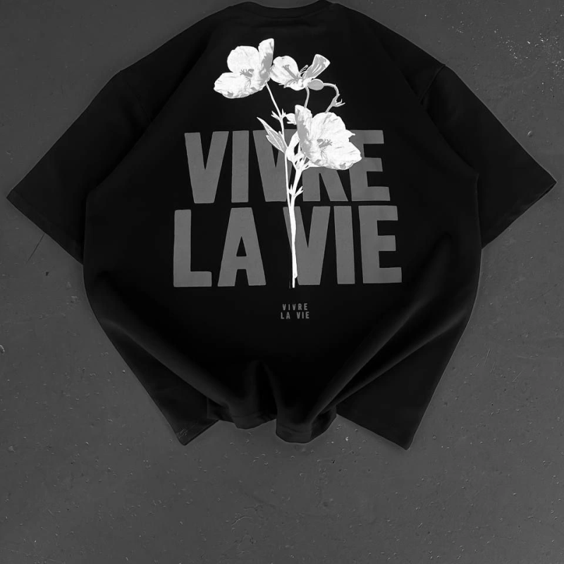 Baskılı Oversize Bisiklet Yaka T-shirt - Siyah -