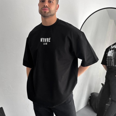 Baskılı Oversize Bisiklet Yaka T-shirt - Siyah -