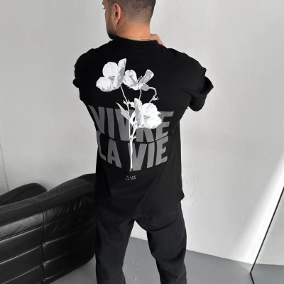 Baskılı Oversize Bisiklet Yaka T-shirt - Siyah -