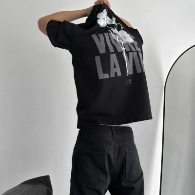 Baskılı Oversize Bisiklet Yaka T-shirt - Siyah -