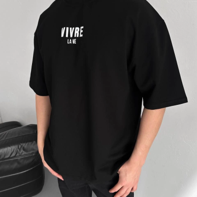 Baskılı Oversize Bisiklet Yaka T-shirt - Siyah -