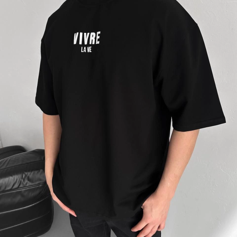 Baskılı Oversize Bisiklet Yaka T-shirt - Siyah -