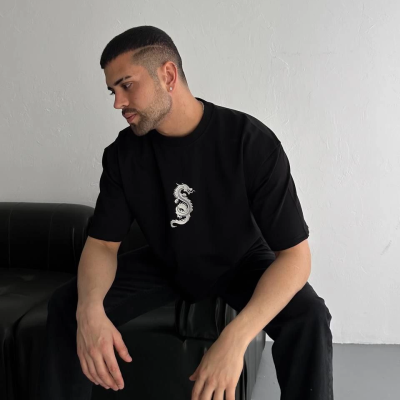 Baskılı Oversize Bisiklet Yaka T-shirt - Siyah -