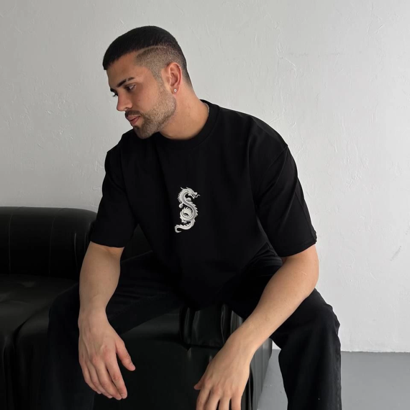 Baskılı Oversize Bisiklet Yaka T-shirt - Siyah -