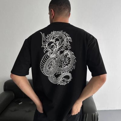 Baskılı Oversize Bisiklet Yaka T-shirt - Siyah -