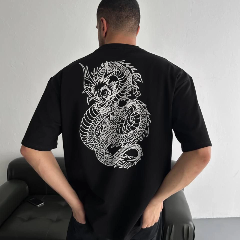 Baskılı Oversize Bisiklet Yaka T-shirt - Siyah -