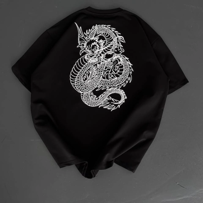 Baskılı Oversize Bisiklet Yaka T-shirt - Siyah -